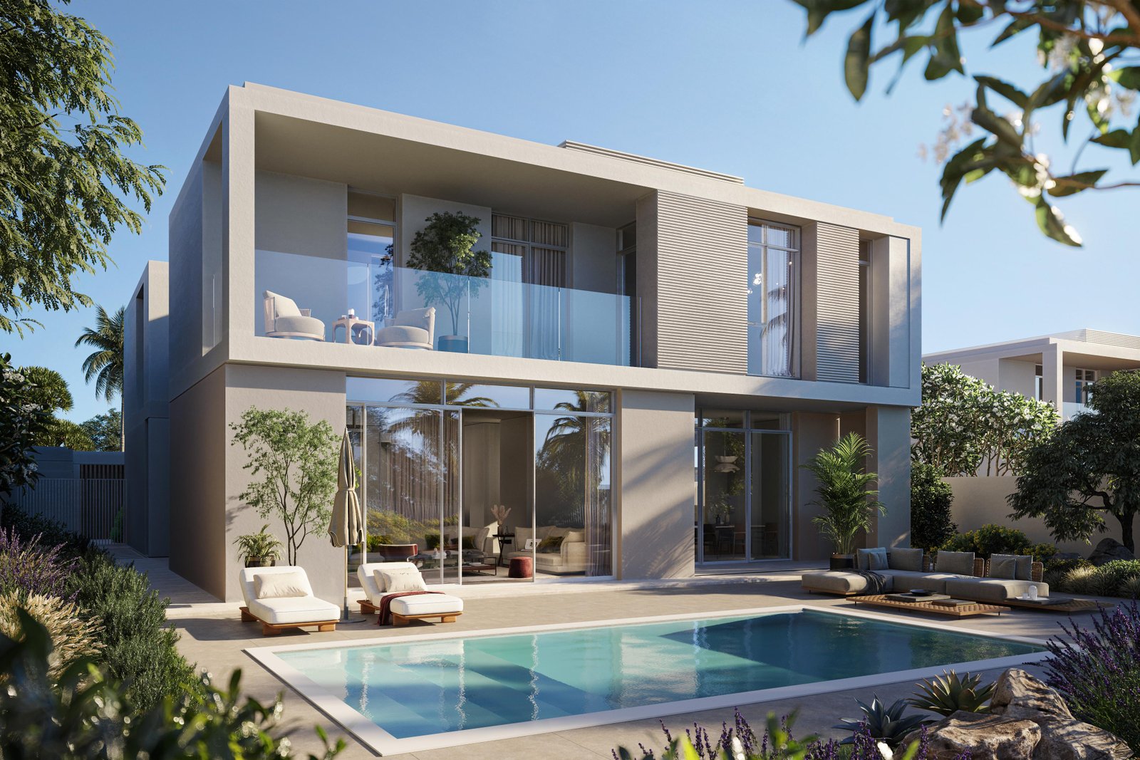 Sustainable villas and townhouses across Masdar City communities including Fay Valley, Sila, and Fay Gardens featuring modern desert architecture and lush greenery.