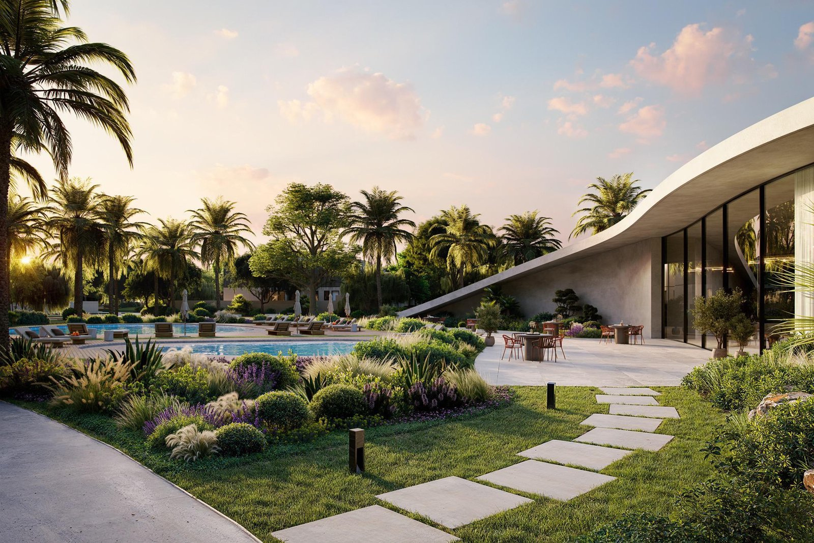 Wellness garden and yoga pavilion at Fay Valley and Plaza Reportage emphasizing outdoor active living in Masdar City, Abu Dhabi.