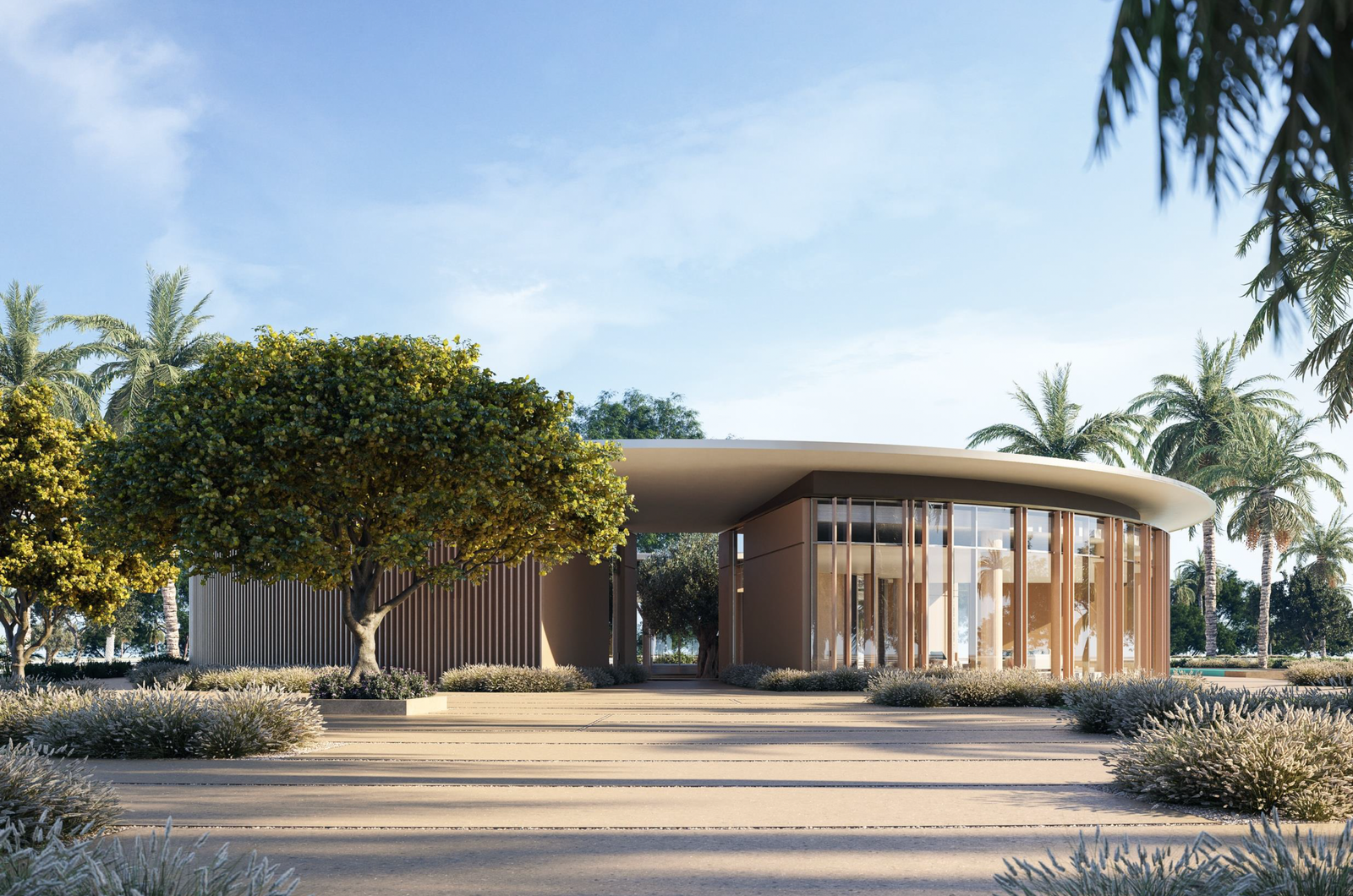 Jogging trails and padel courts surrounded by landscaping at various Masdar City communities including Bab Al Qasr Garden.